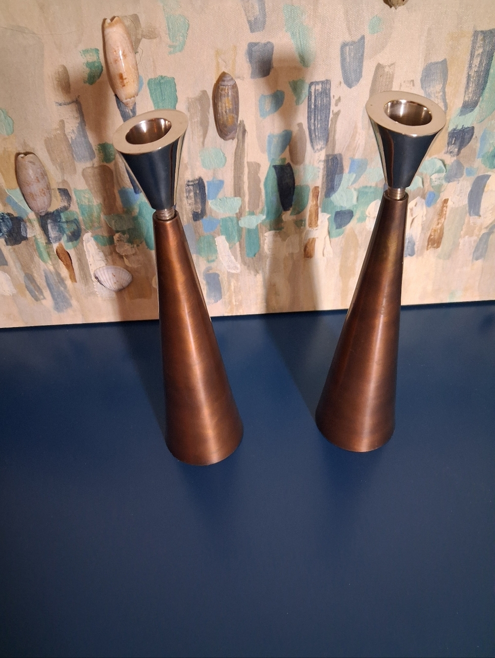 2 Vintage Mid Century Modern (MCM) Copper Tone Metal Taper Candle Holders